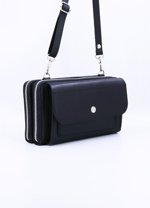 Leather women's shoulder bag / wallet for smartphone with zippered compartments / Black - 10291 photo