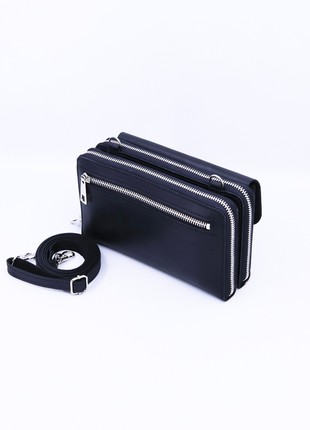 Leather women's shoulder bag / wallet for smartphone with zippered compartments / Black - 10296 photo