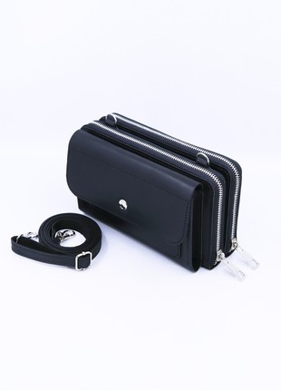 Leather women's shoulder bag / wallet for smartphone with zippered compartments / Black - 10295 photo