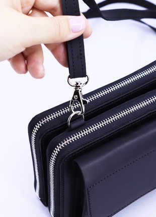 Leather women's shoulder bag / wallet for smartphone with zippered compartments / Black - 10297 photo