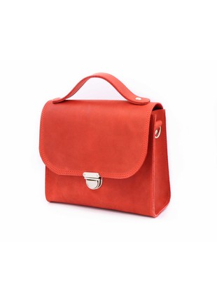 Womens leather shoulder bag with top handle on strap / Red - 010342 photo