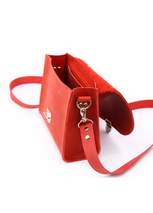 Womens leather shoulder bag with top handle on strap / Red - 010344 photo