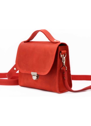 Womens leather shoulder bag with top handle on strap / Red - 010341 photo