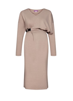 Beige maternity-friendly leather belted wool blend dress3 photo