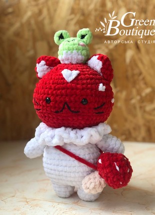 Plush toy Fly Agaric Cat with his best friend Frog and a bag in the form of a mushroom1 photo