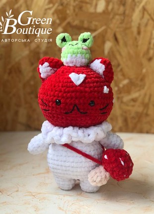 Plush toy Fly Agaric Cat with his best friend Frog and a bag in the form of a mushroom3 photo