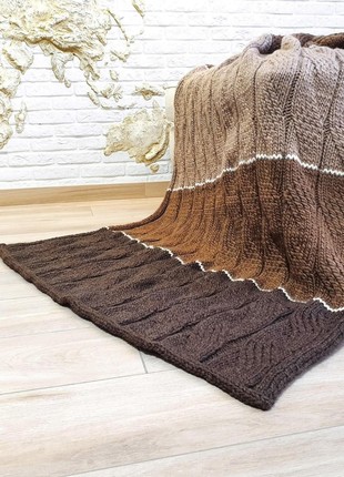 Wool Knit blanket Brown Beige, Handmade striped throw