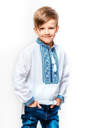 White embroidered shirt Kyyanyn blue with grey embroidery Piccolo