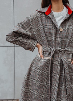 Grey Plaid Coat with a belt and red iserts oversized spring/autumn season2 photo