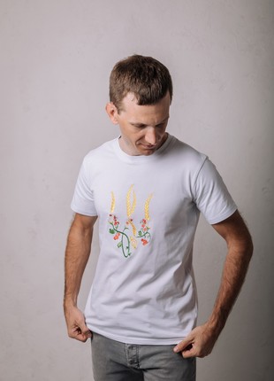 Men's t-shirt with embroidery "Ukrainian tryzub red Kalina" white