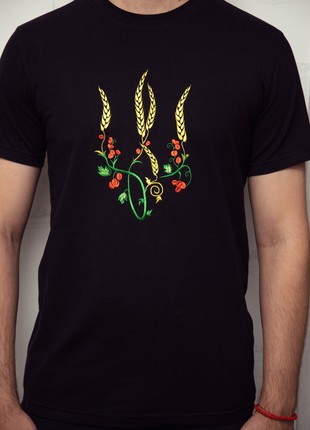 Men's t-shirt with embroidery "Ukrainian tryzub red Kalina" black. Support Ukraine2 photo