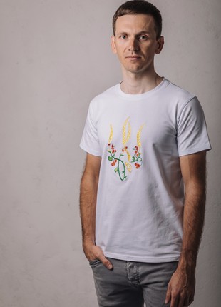 Men's t-shirt with embroidery "Ukrainian tryzub red Kalina" white3 photo