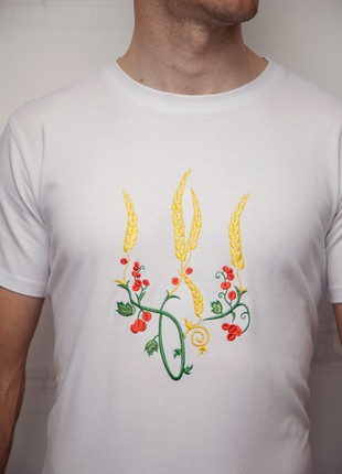 Men's t-shirt with embroidery "Ukrainian tryzub red Kalina" white2 photo