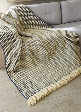 Chunky wool knit blanket, Blue and white giant throw blanket