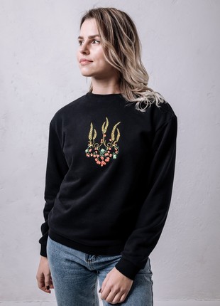 Women's sweatshirt with embroidery "Ukrainian tryzub Kalina" black. Support Ukraine.