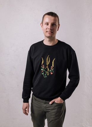 Men's sweatshirt with embroidery "Ukrainian coat of arms Red Kalyna" black