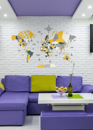 Wooden World Map M size 47" x 24" ( 120 * 62 cm) - color (Sun) 3D Art Large Wall Decor - Wall Art For Home & Kitchen or Office