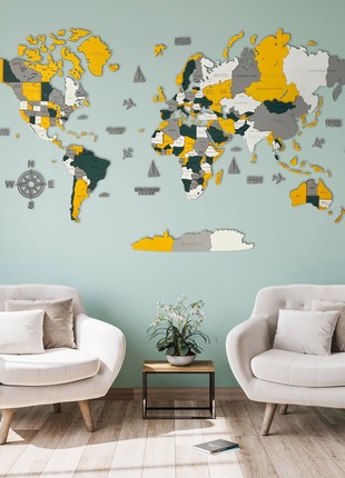 Wooden World Map XL size 84'' x 45'' ( 213 * 113 cm) - color (Sun) 3D Art Large Wall Decor - Wall Art For Home & Kitchen or Office