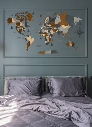 Wooden World Map M size 47" x 24" ( 120 * 62 cm) - color (Sky) 3D Art Large Wall Decor - Wall Art For Home & Kitchen or Office