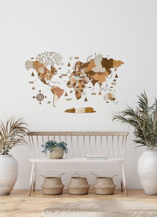 Wooden World Map     L size 63" x 33" ( 160 * 85 cm) - color (California) 3D Art Large Wall Decor - Wall Art For Home & Kitchen or Office