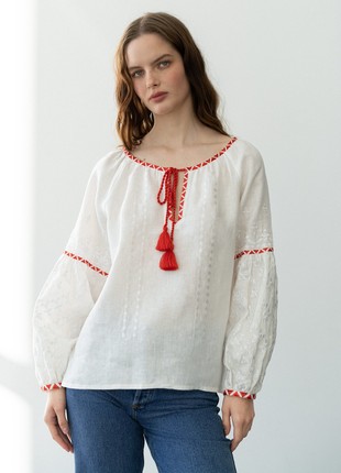 Linen blouse with red and white embroidery Elin1 photo