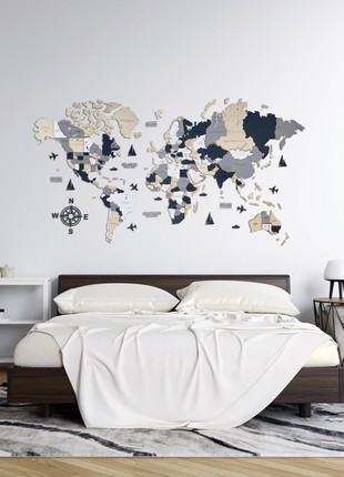 Wooden World Map     L size 63" x 33" ( 160 * 85 cm) - color (Alaska) 3D Art Large Wall Decor - Wall Art For Home & Kitchen or Office