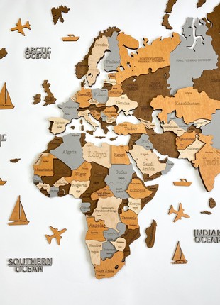 Wooden World Map     L size 63" x 33" ( 160 * 85 cm) - color (Sahara) 3D Art Large Wall Decor - Wall Art For Home & Kitchen or Office