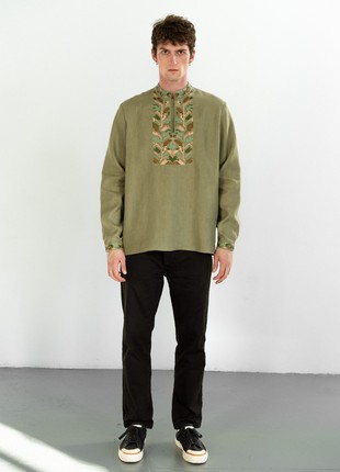 Men's embroidered shirt with pixel ornament of oak leaves Velych5 photo