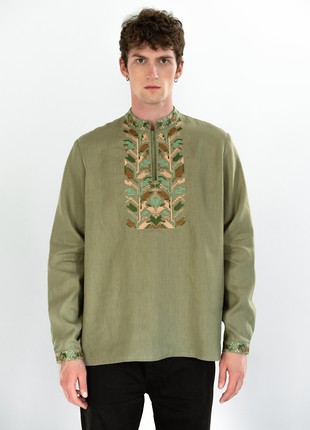 Men's embroidered shirt with pixel ornament of oak leaves Velych2 photo