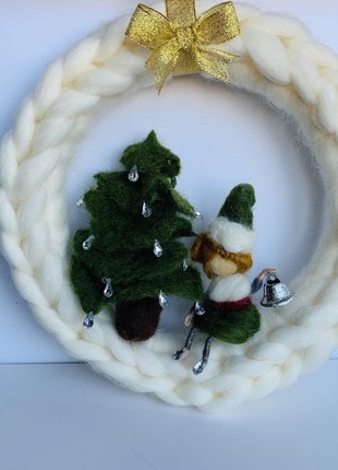 New Year's wreath on the door of the house, Christmas toy elf, Christmas tree decoration