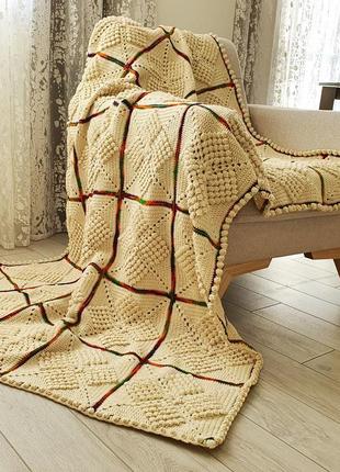 Crochet squares blanket beige with multicolored lines
