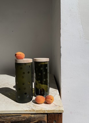 Set of two dark recycled wine bottle storage jar, polka dot