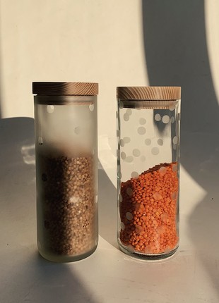 Set of two transparent recycled wine bottle storage jar, polka dot