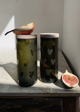 Set of two dark recycled wine bottle storage jar, hearts