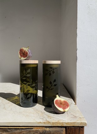 Set of two dark recycled wine bottle storage jar, leaves