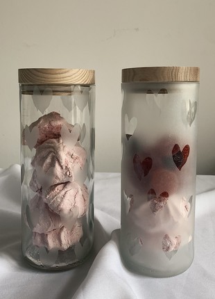 Set of two transparent recycled wine bottle storage jar, hearts