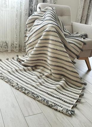 Woven wool throw blanket striped white gray, Coverlet, Handmade1 photo