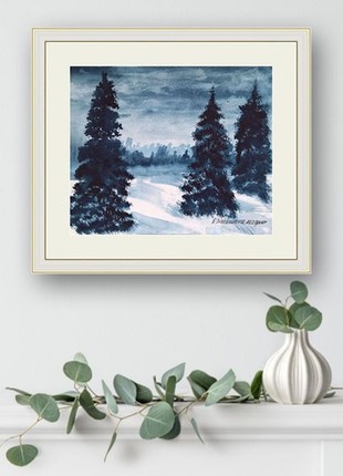 Watercolor painting of a winter landscape Original watercolor painting Night landscape