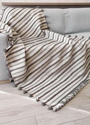 Woven wool throw blanket striped white gray, Coverlet, Handmade4 photo
