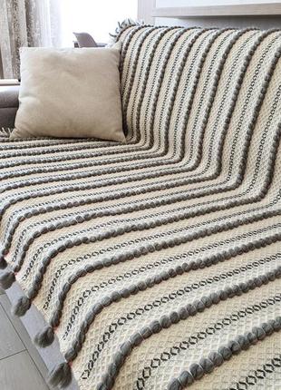 Woven wool throw blanket striped white gray, Coverlet, Handmade5 photo