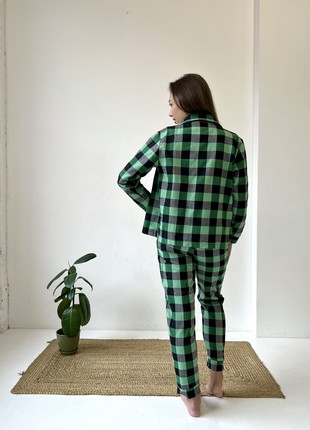 Women's Pajamas Home Suit Plaid COZY Pants+Shirt Green/Black F81P2 photo
