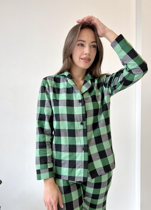 Women's Pajamas Home Suit Plaid COZY Pants+Shirt Green/Black F81P3 photo