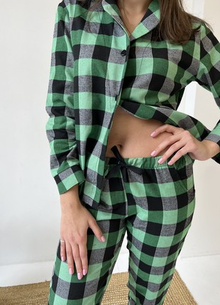Women's Pajamas Home Suit Plaid COZY Pants+Shirt Green/Black F81P5 photo