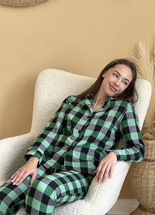 Women's Pajamas Home Suit Plaid COZY Pants+Shirt Green/Black F81P6 photo