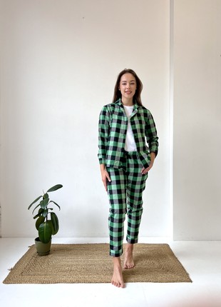 Women's Pajamas Home Suit 3-Piece Plaid COZY (Pants+Shirt+T-Shirt) Green/Black F81P+f01ws1 photo