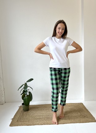 Women's Pajamas Home Suit 3-Piece Plaid COZY (Pants+Shirt+T-Shirt) Green/Black F81P+f01ws5 photo