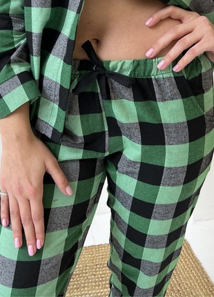 Women's Pajamas Home Suit 3-Piece Plaid COZY (Pants+Shirt+T-Shirt) Green/Black F81P+f01ws8 photo