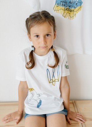 White children's t-shirt with trident of Ukraine and crane print3 photo