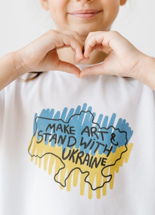 White T-shirt with map print yellow and blue flag Make art & Stand with Ukraine