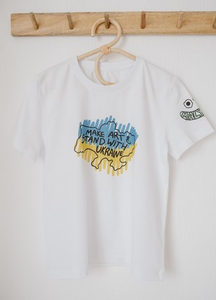 White T-shirt with map print yellow and blue flag Make art & Stand with Ukraine8 photo